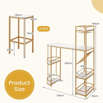 GiantexUK 3 Piece Bar Table Set, Metal Frame Dining Table and Stools Set with Wine Racks