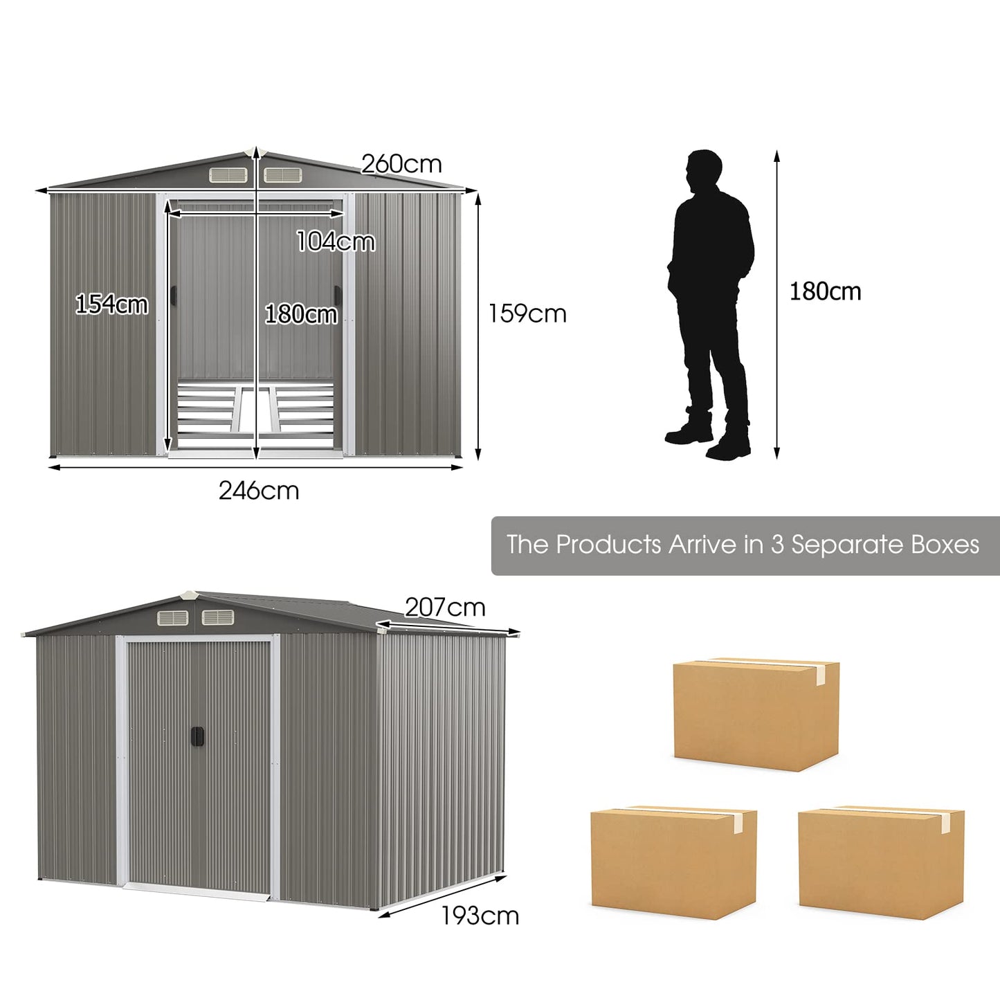 GiantexUK  Metal Garden Shed (8.5x7FT, Light Grey)