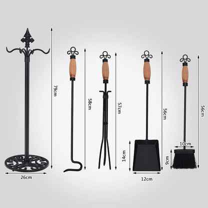 GiantexUK 5-Piece Fireplace Companion Set, Wrought Iron Fire Place Tools Set with Stand, Tong, Shovel, Brush & Poker (Natural + Black, 4 Hooks, Round Base)