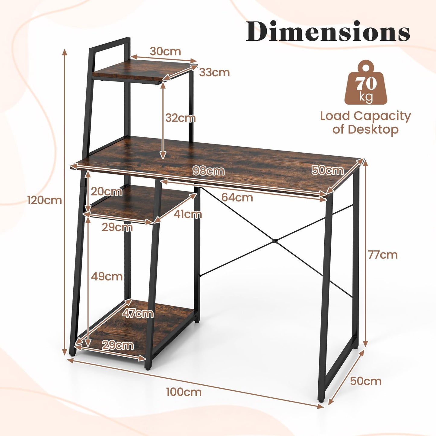 Computer Desk, 2-in-1 Bookshelf PC Workstation Laptop Table with 4 Tiers Storage Shelf