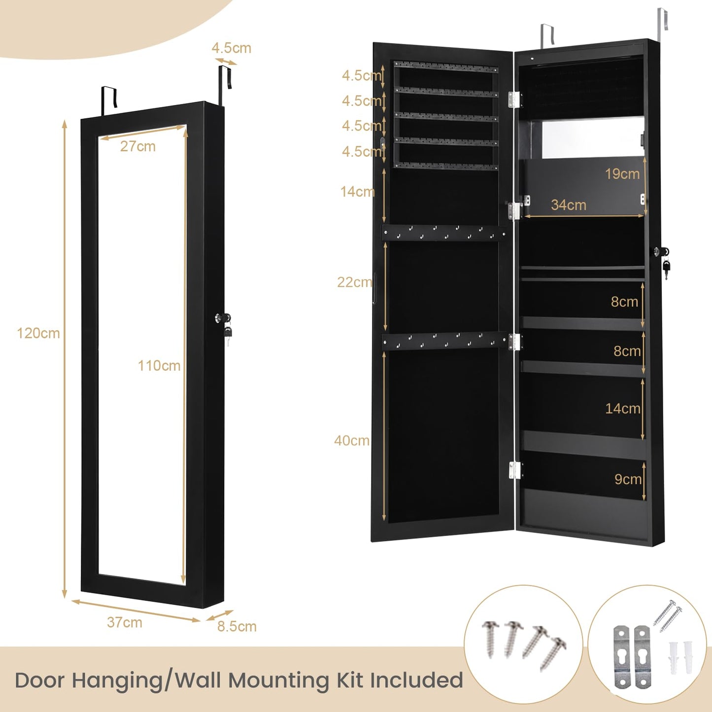 15 LED Lights Jewellery Cabinet, 2-in-1 Hanging or Wall Mounted Jewelry Armoire with Full Length Mirror and Built-in Mirror