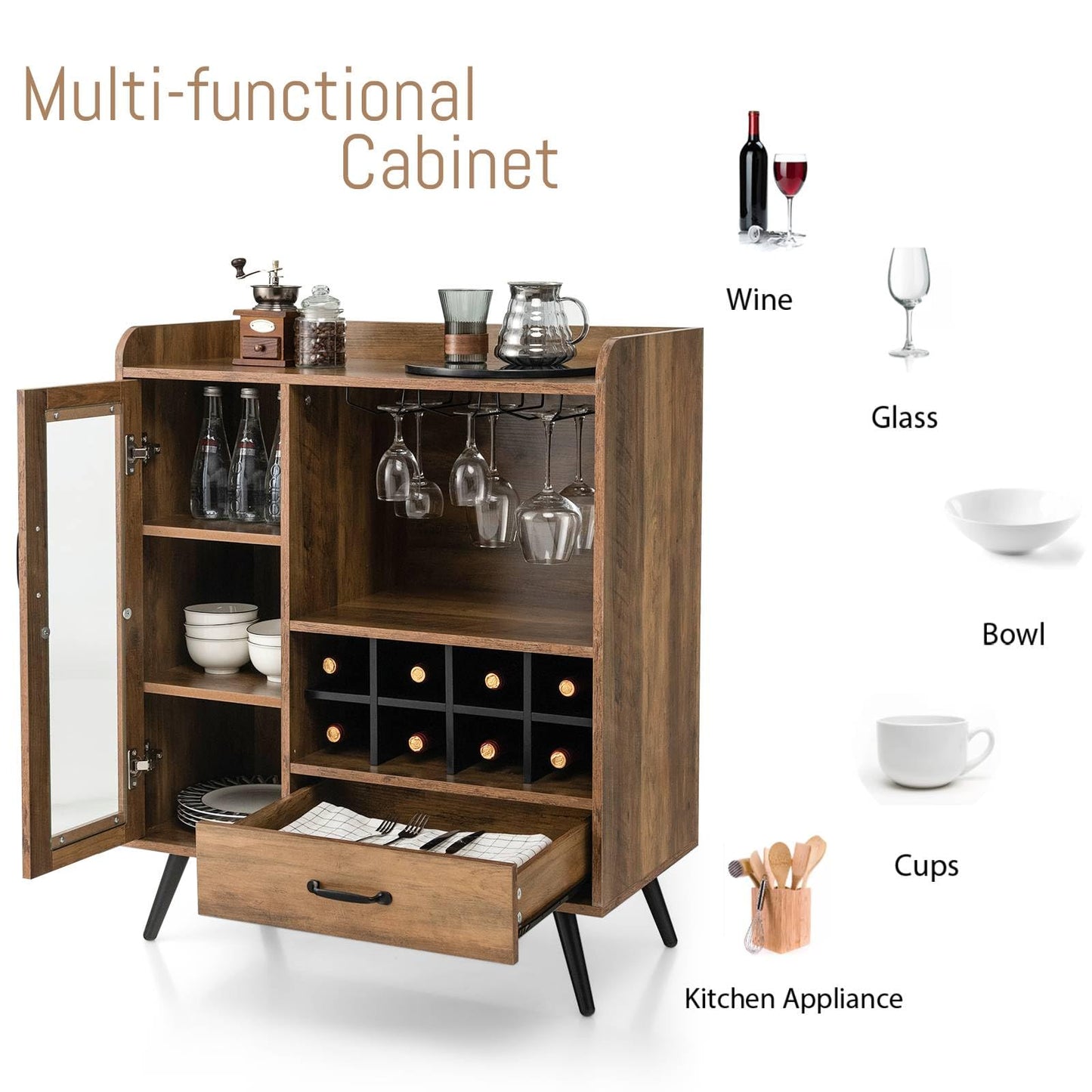 GiantexUK Wine Cabinet, Wooden Buffet Sideboard with Shelves, Removable Wine Racks, Drawer