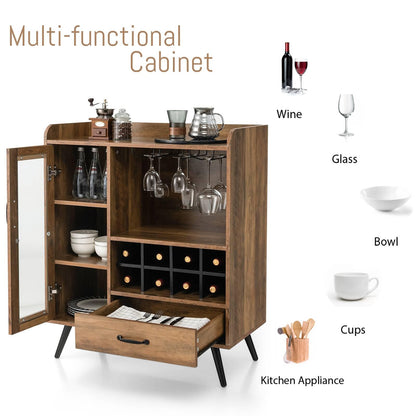 GiantexUK Wine Cabinet, Wooden Buffet Sideboard with Shelves, Removable Wine Racks, Drawer