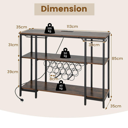 GiantexUK Wine Bar Cabinet, 3-Tier Liquor Bar Table with 15 Bottles Wine Rack, Glass Holder, Charging Station & Adjustable Foot Pads