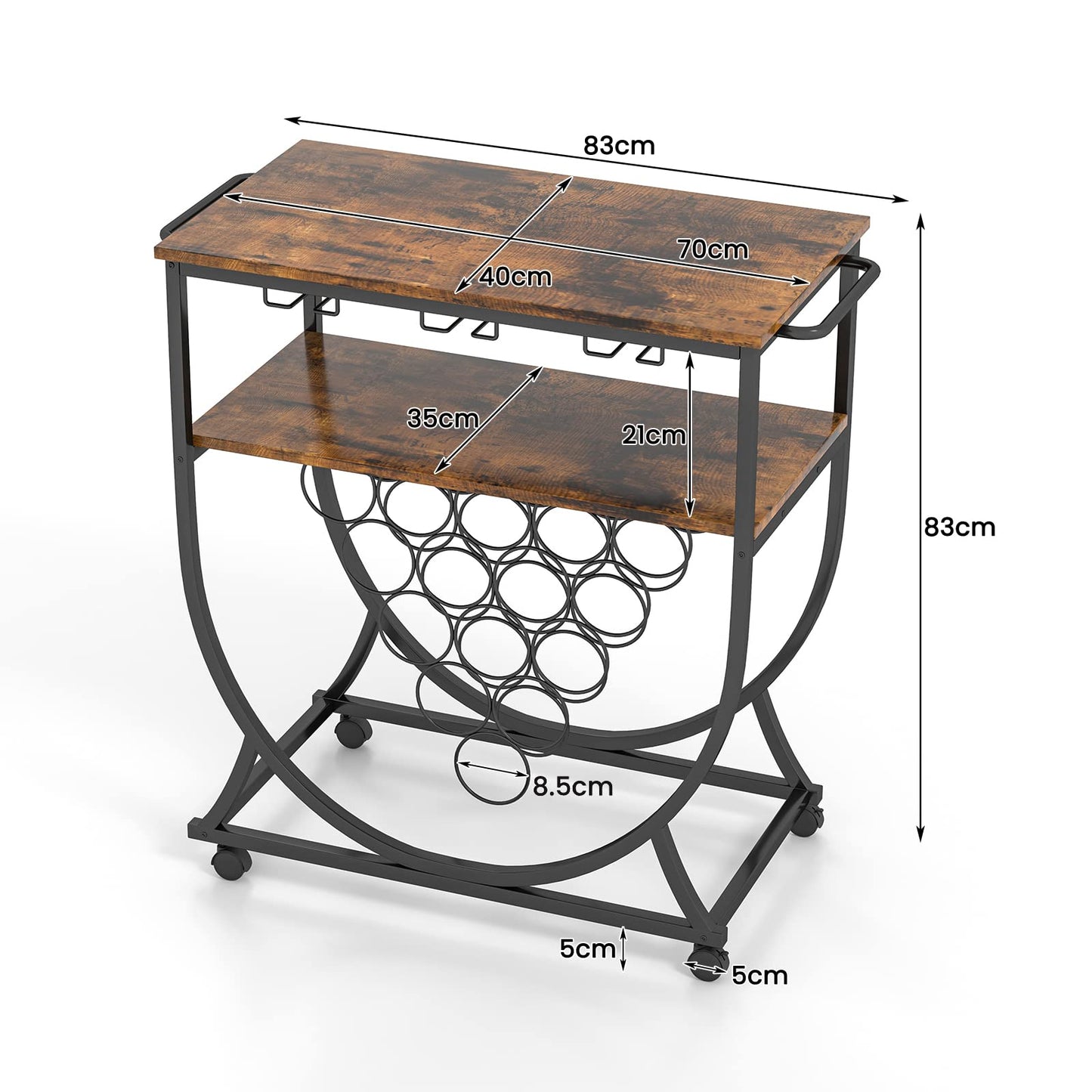 GiantexUK Drinks Trolley on Wheels, Rolling Storage Bar Cart with 2 Open Shelves, Wine Rack, Glass Holder and Handles