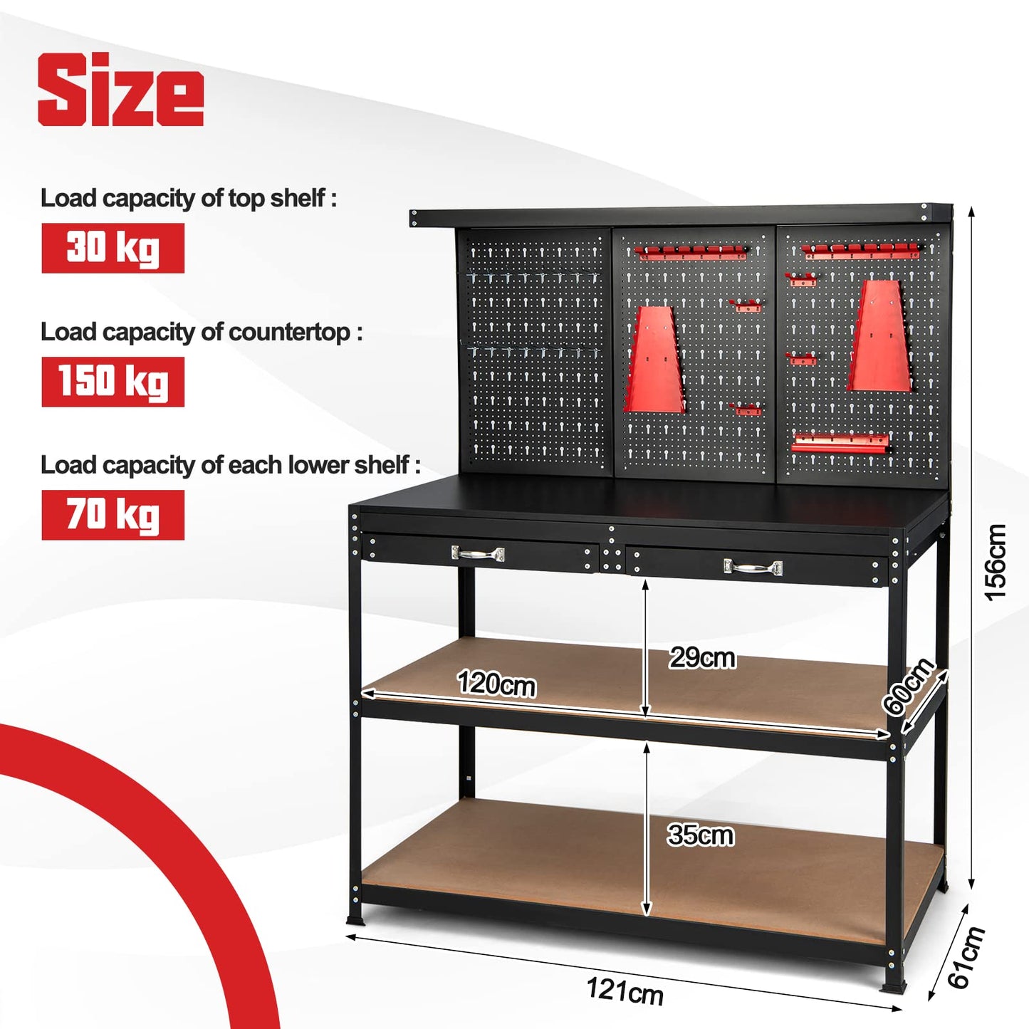 GiantexUK Workbench with Pegboard, Metal Frame Garage Work Bench with 25 Hanging Accessories