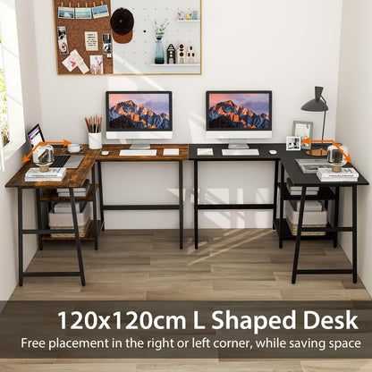 L-Shaped Computer Desk, Wooden Study Table Corner Desk with Charging Station