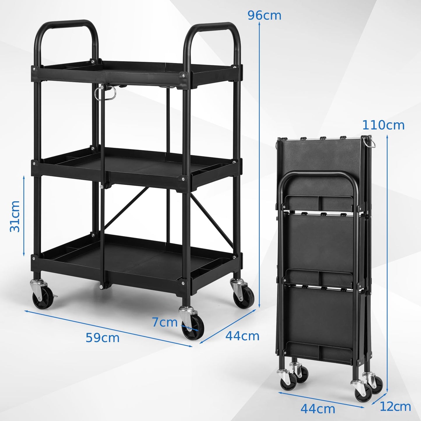 GiantexUK 3-Tier Folding Tool Trolley, Metal Frame Service Cart with Wheels