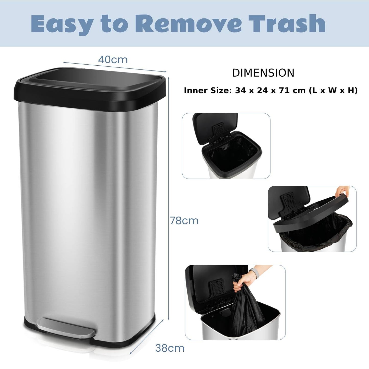 GiantexUK 68L Recycling Pedal Bin, Stainless Steel Rectangular Trash Bin with Silent Soft Close Lid & Pedal