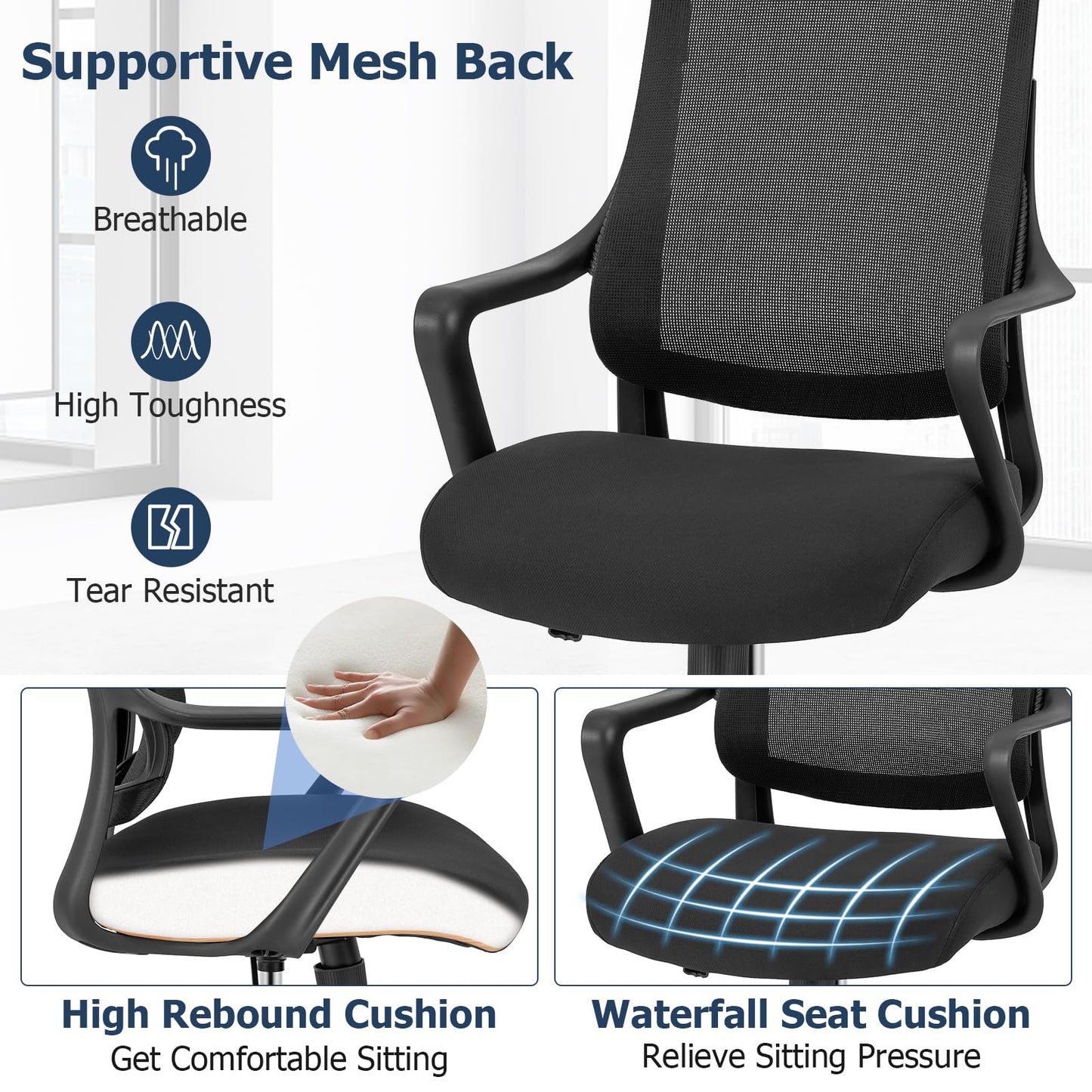 Mesh Office Chair, Height Adjustable Swivel Computer Desk Chair with Armrests