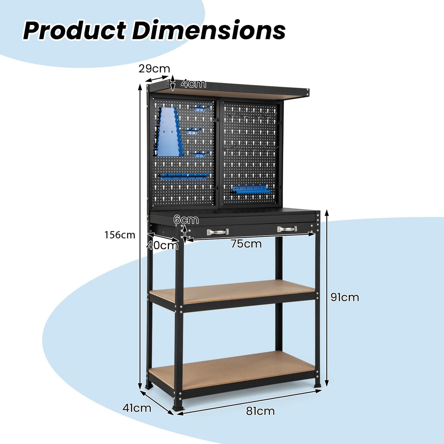 GiantexUK Workbench with Pegboard, Metal Frame Garage Work Bench with 13 Hanging Accessories