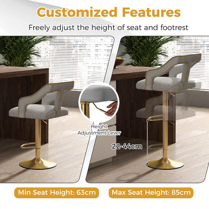 Bar Stools Set of 2, Height Adjustable Swivel Counter Stools Dining Chair with Swivel Gas Lift, Gray + Gold