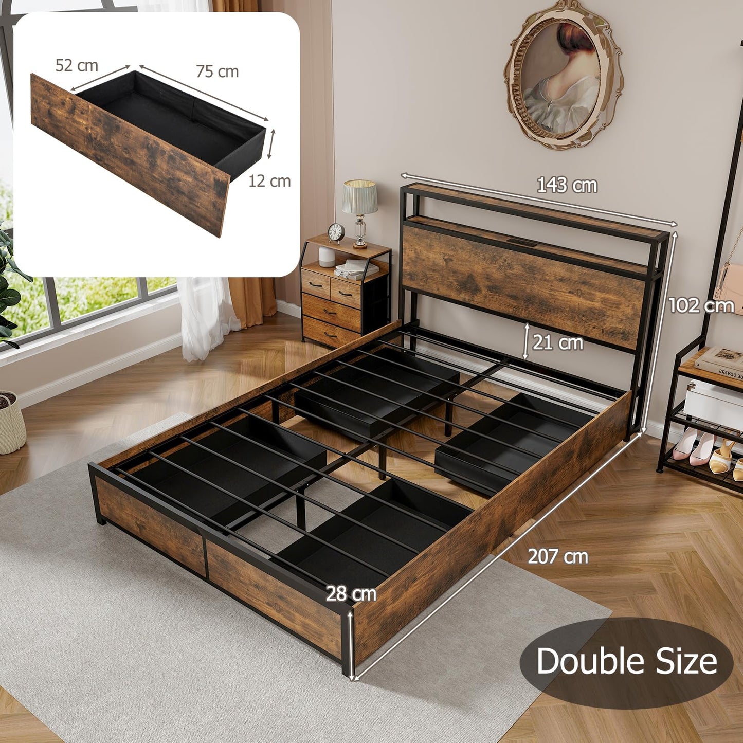 Double/King Size Platform Bed Frame with LED Lights, 4 Rolling Drawers