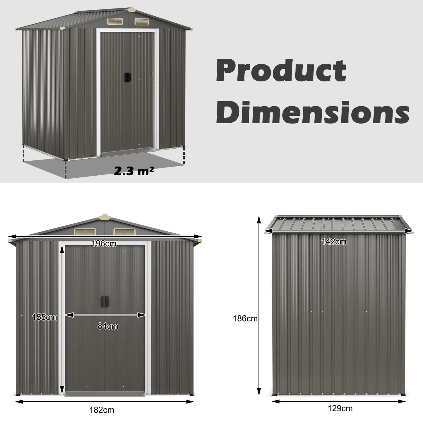 GiantexUK 6x4FT Metal Garden Shed, Outdoor Galvanized Storage House with 4 Air Vents & Lockable Sliding Doors