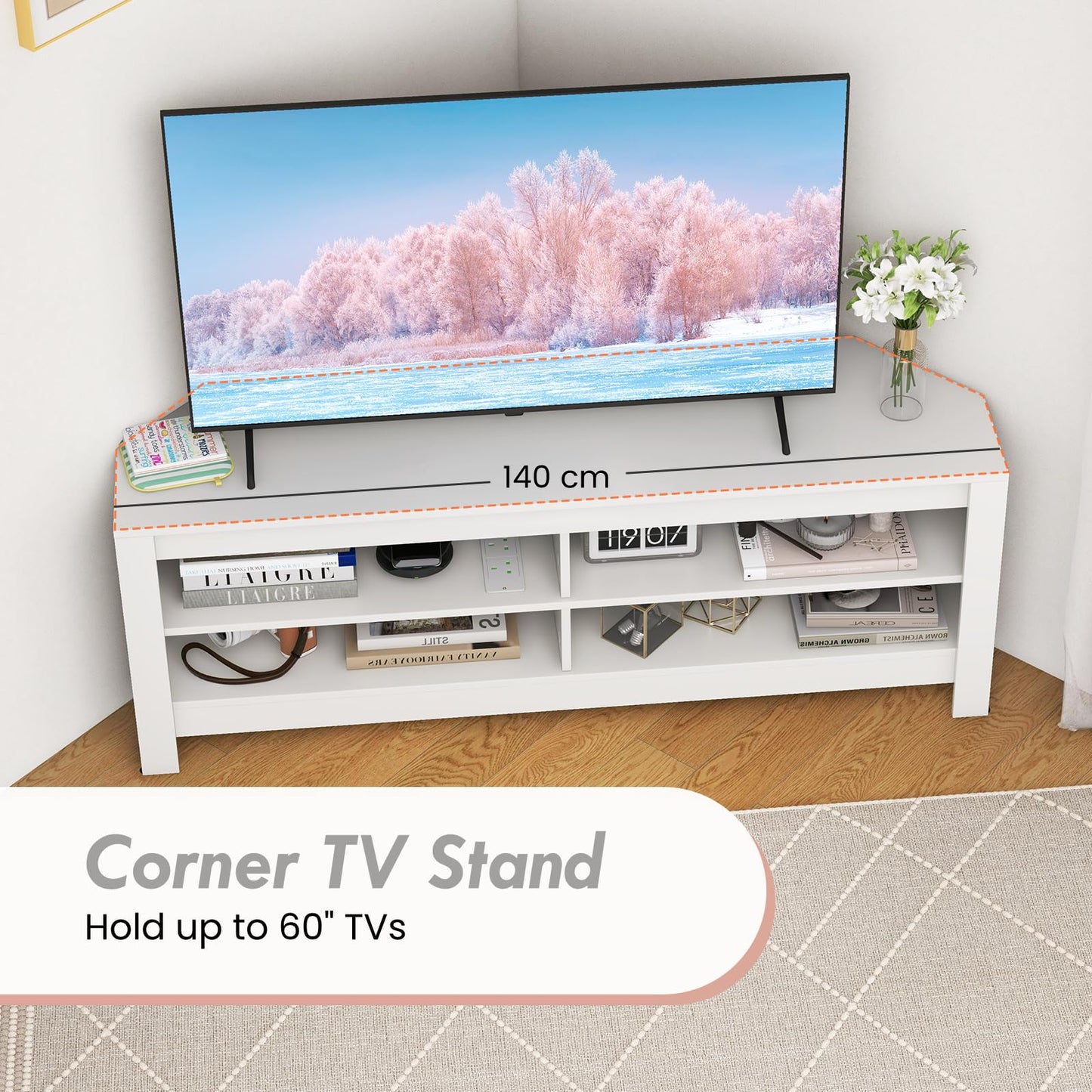 TV Stand with Charging Station for TVs up to 60", Wooden TV Cabinet Media Entertainment Center with Open Storage Shelves