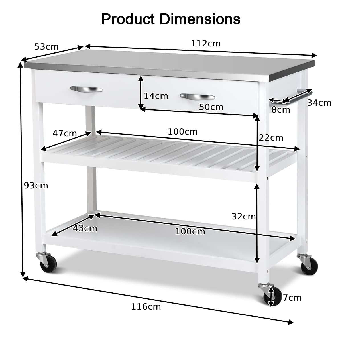 GiantexUK Kitchen Storage Trolley on Wheels, Mobile Kitchen Island with Stainless Steel Flip Top, Drawers & Handle, 116x53x93cm, No Flip Top