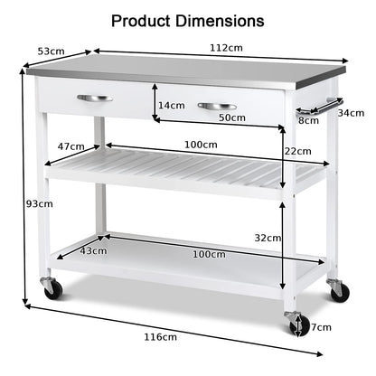 GiantexUK Kitchen Storage Trolley on Wheels, Mobile Kitchen Island with Stainless Steel Flip Top, Drawers & Handle, 116x53x93cm, No Flip Top