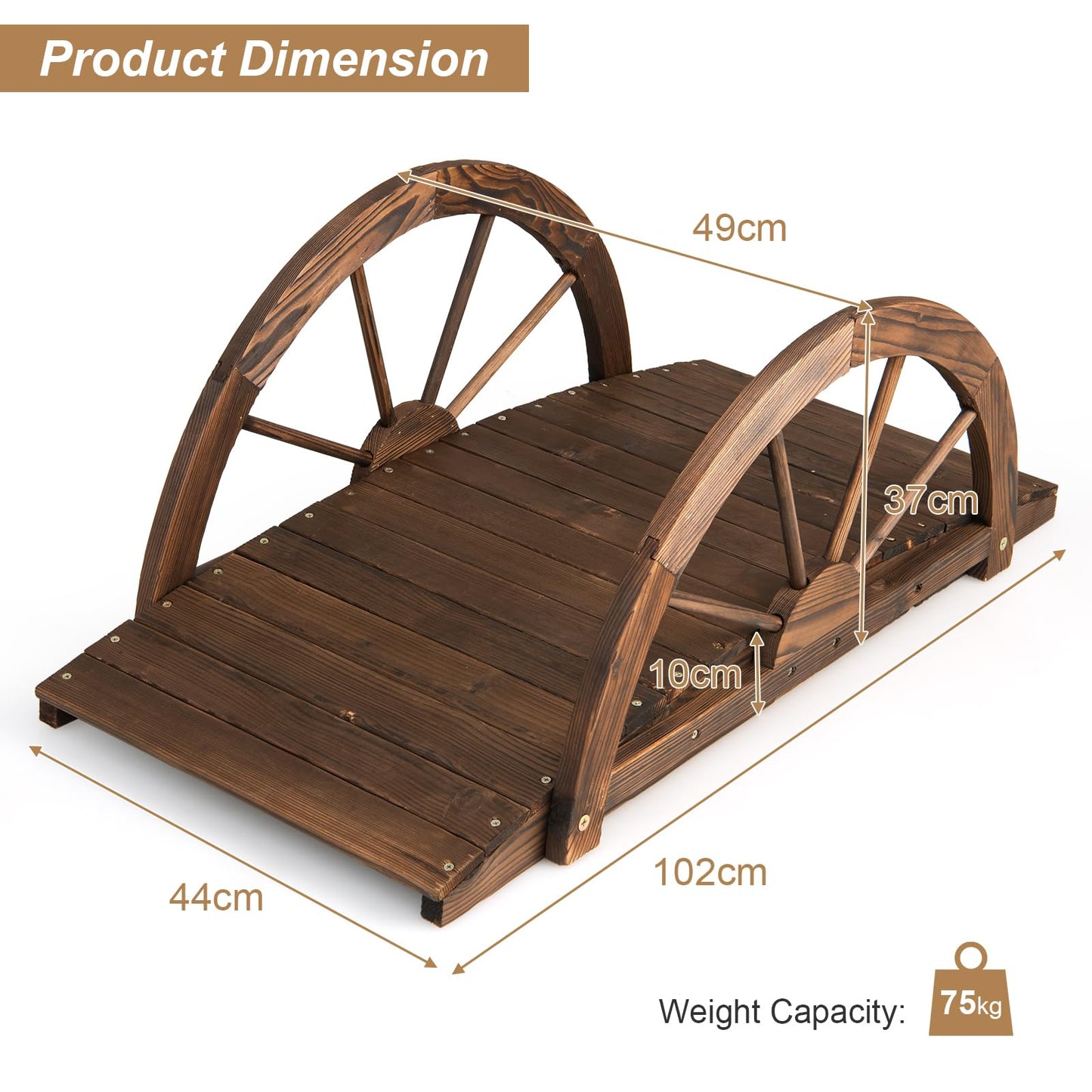 GiantexUK Wooden Garden Bridge, Decorative Arc Footbridge with Half Wheeled Railings, Outdoor Bridge Walkway for Ponds Streams Borders