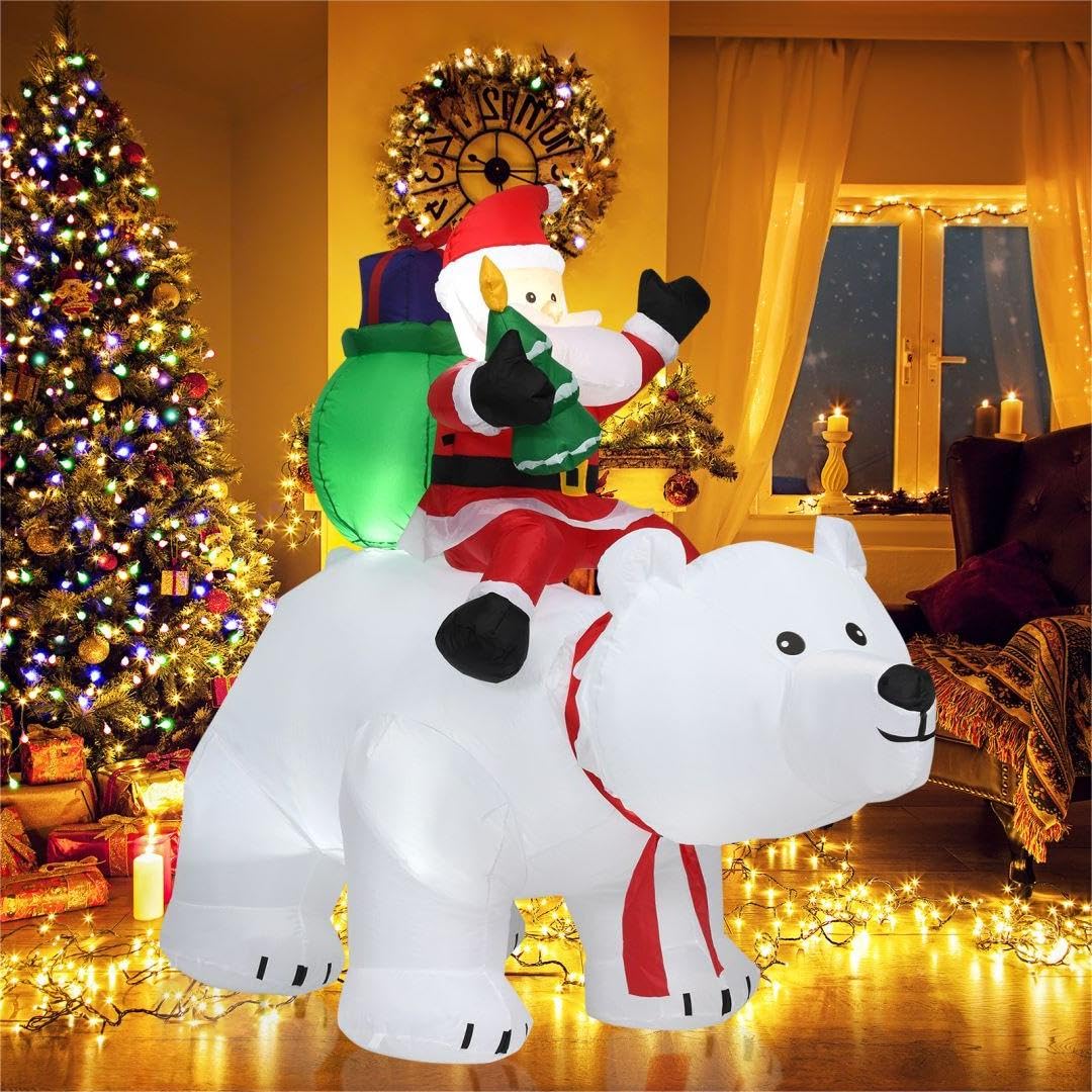 Blow Up Christmas Decoration with LED Lights, Stakes & Ropes, Special Xmas Holiday Prop for Yard Garden Lawn (White Bear)