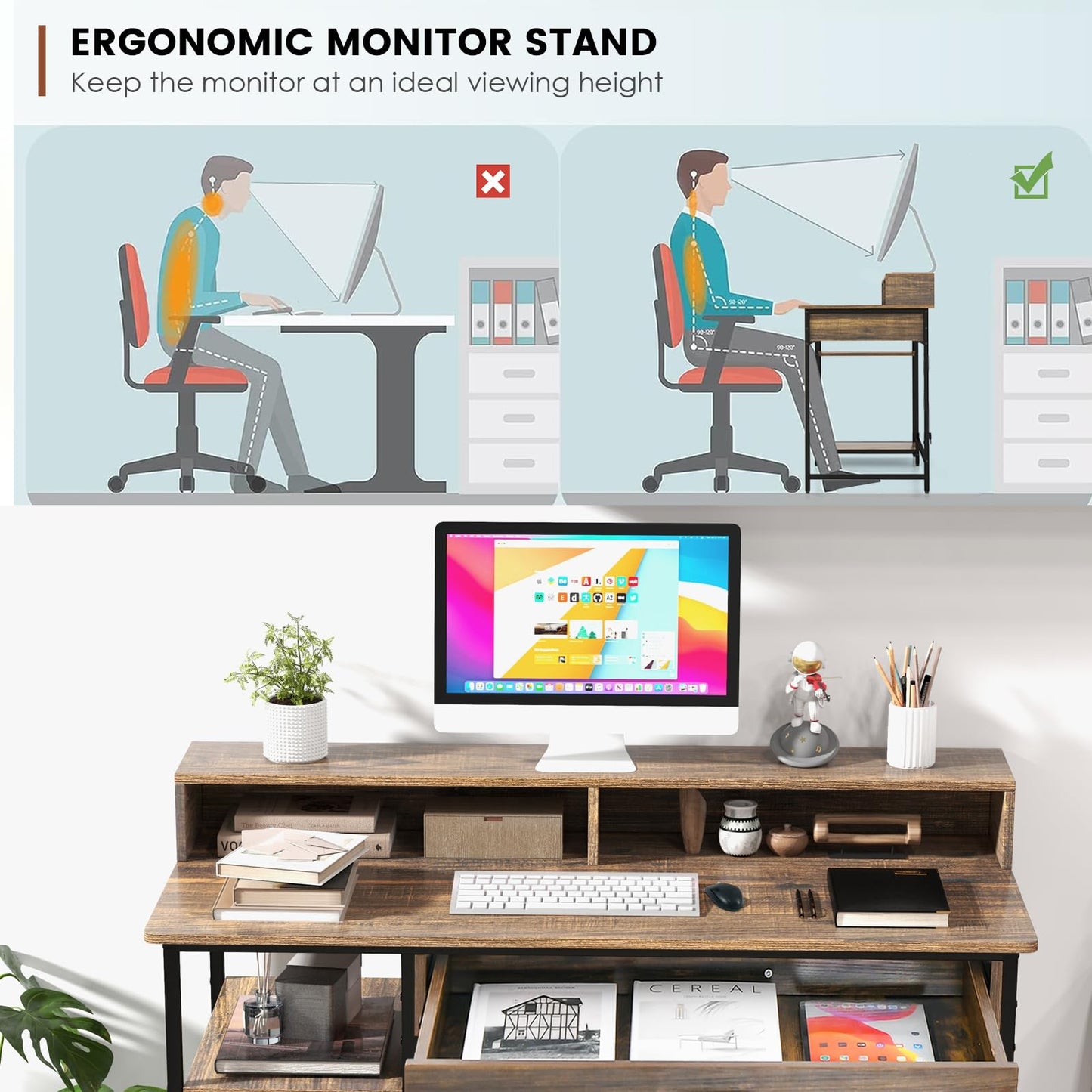 120cm Computer Desk, Industrial Laptop Writing Desk with Monitor Stand, Drawers & Storage Shelves