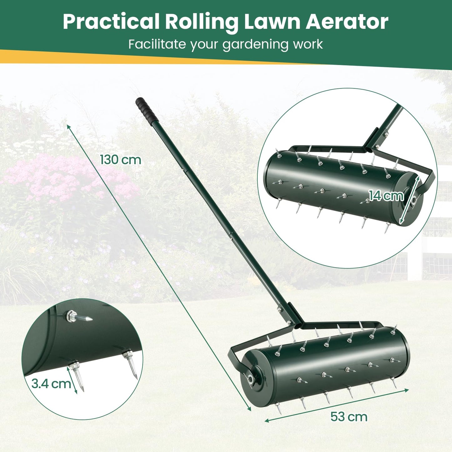 GiantexUK Outdoor Lawn Aerator, Heavy Duty 43/53cm Manual Grass Roller with Sand Filled Drum & 130cm Detachable Handle