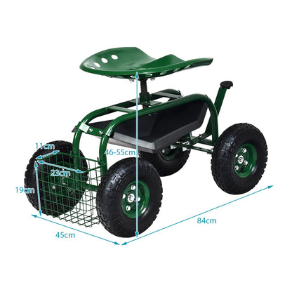 GiantexUK Adjustable Rolling Garden Cart, Swivel Gardening Trolley Planting Station Seat with Tool Tray & Basket