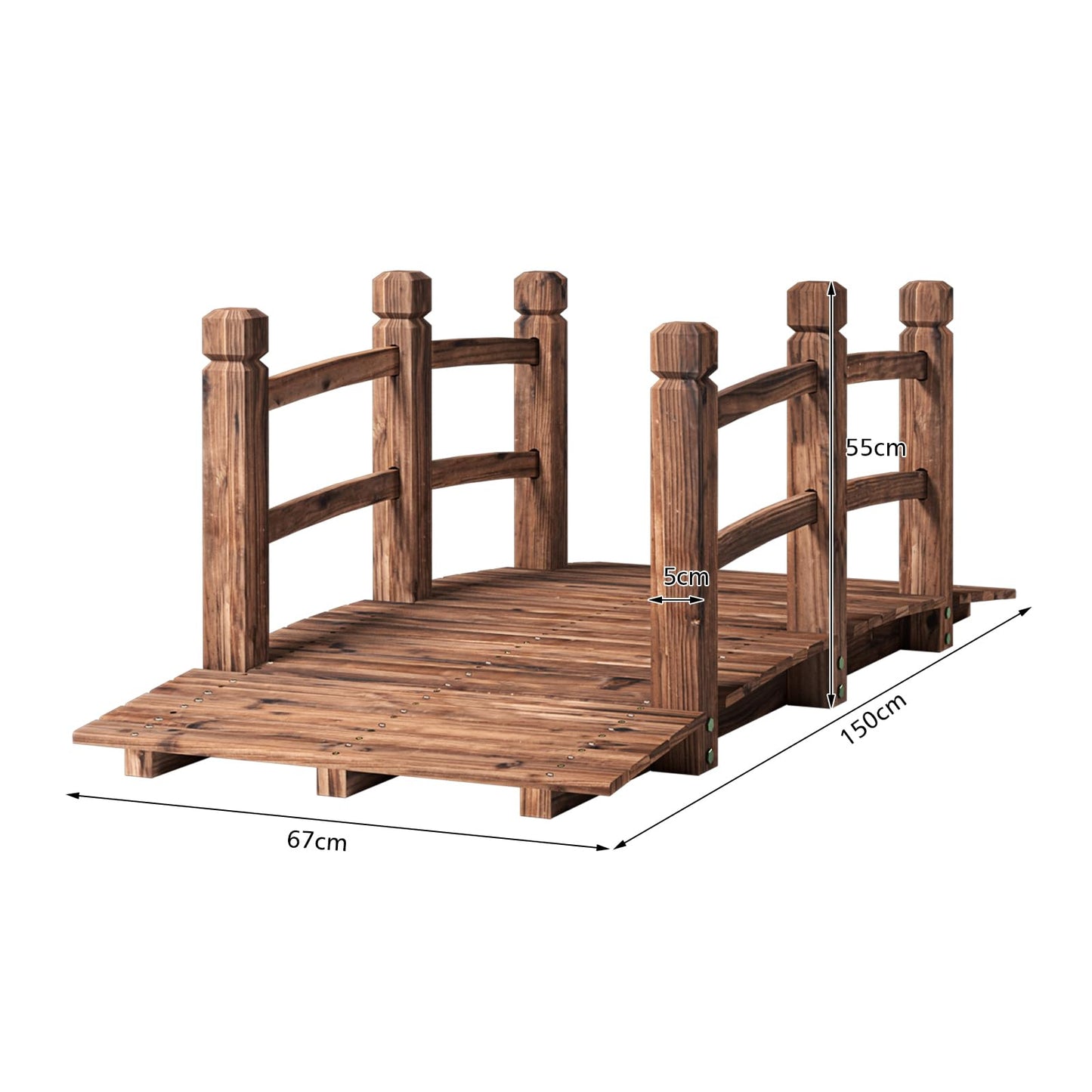 GiantexUK 1.5M Wooden Garden Bridge, Decorative Arc Footbridge with Safety Guardrails