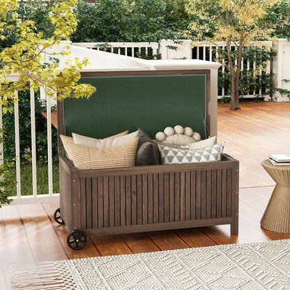 GiantexUK 207L Garden Storage Box, Waterproof Fir Wood Deck Box with Wheels, Removable Inner Liner, Sit-on Lid & Handle