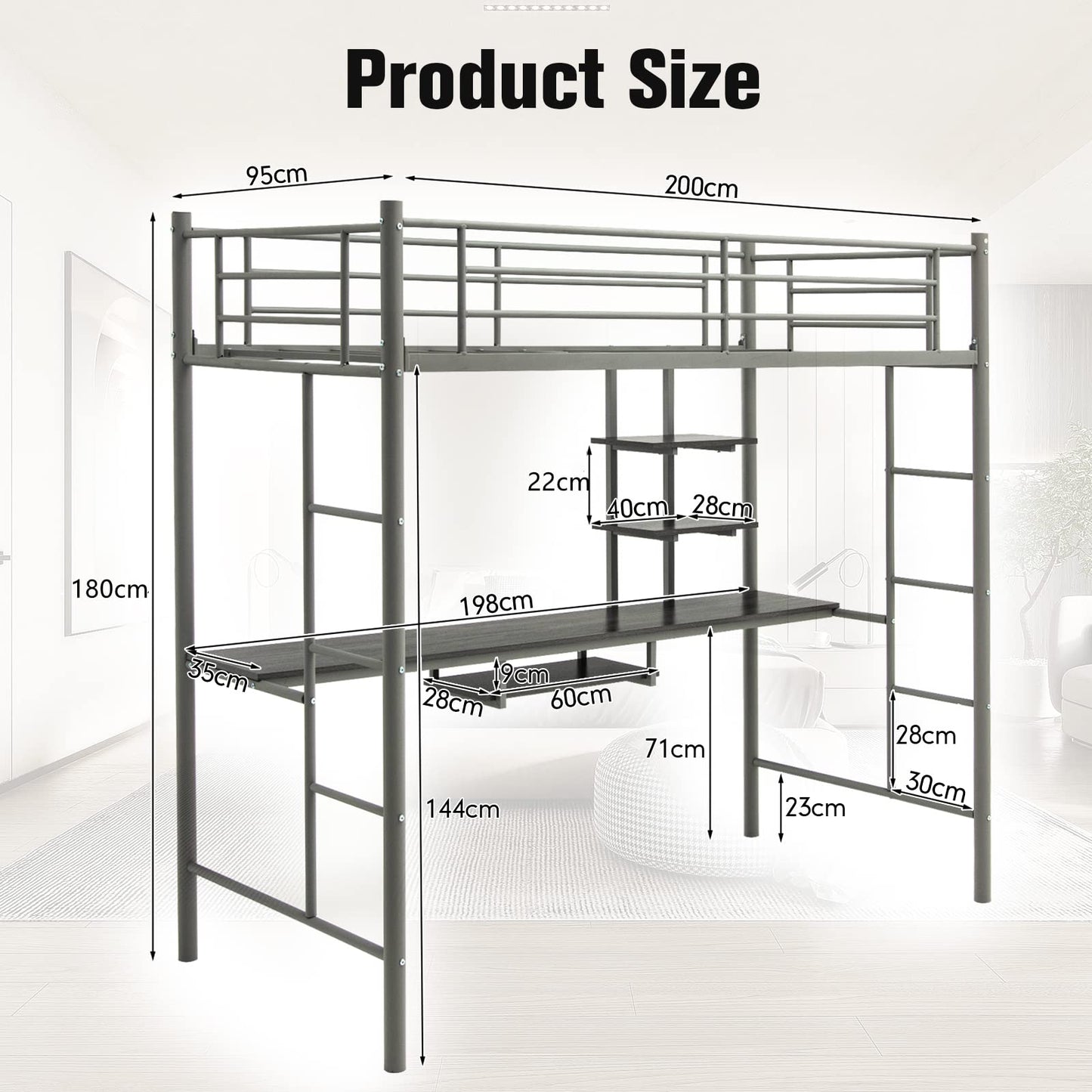 Single Loft Bed, 2-Ladders High Sleeper Bunk Bed with Desk & Safety Guardrail