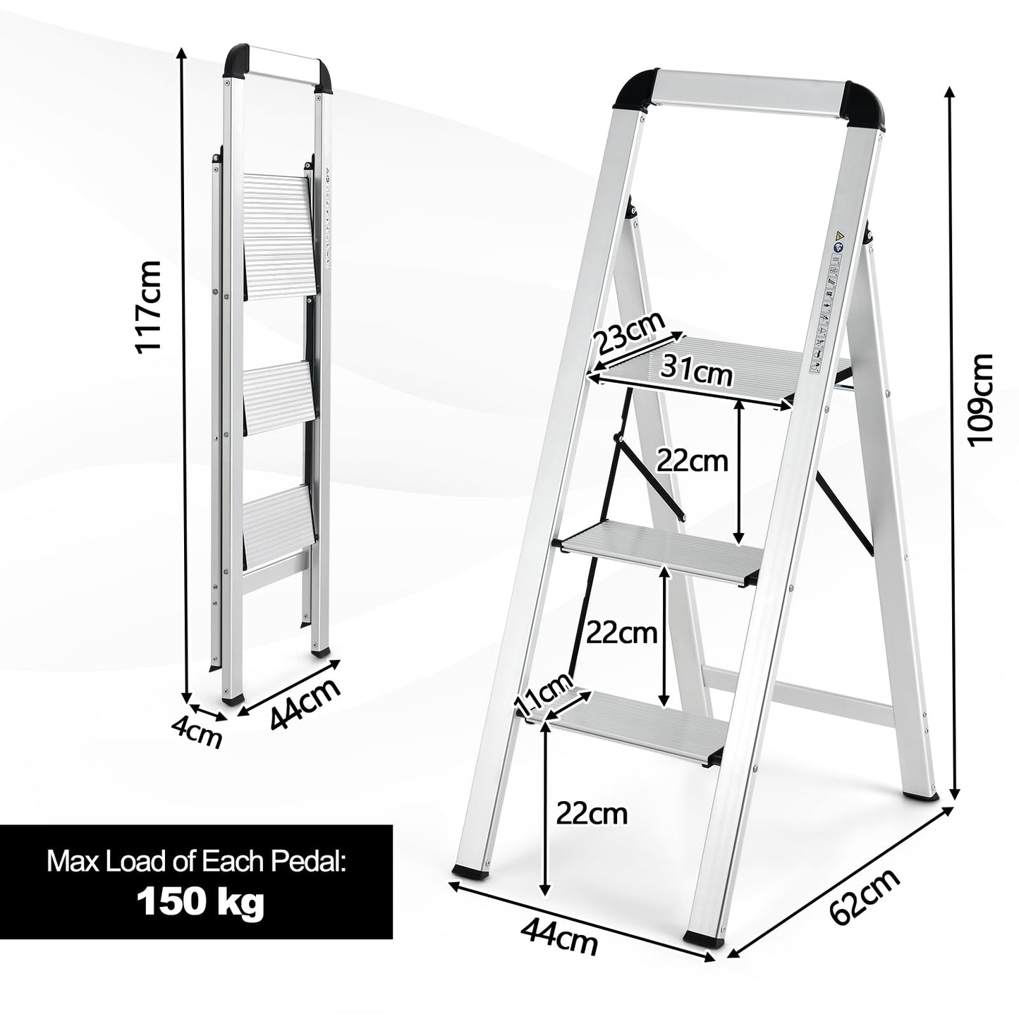 GiantexUK 3 Step Ladder, Aluminum Folding Ladder with Non-slip Wide Pedal, Anti-slip Foot Pads & Safety Buckle (3 Step with Handrail)