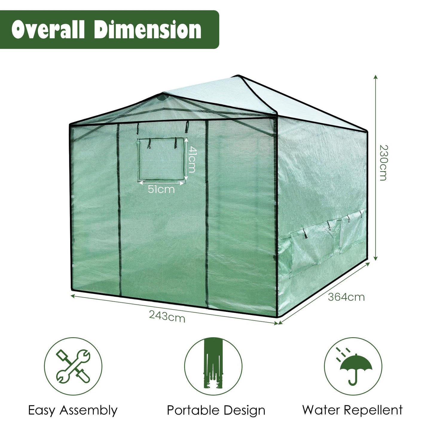 GiantexUK Pop-up Walk In Greenhouse, Adjustable Grow House with PE Cover, 6 Roll up Windows