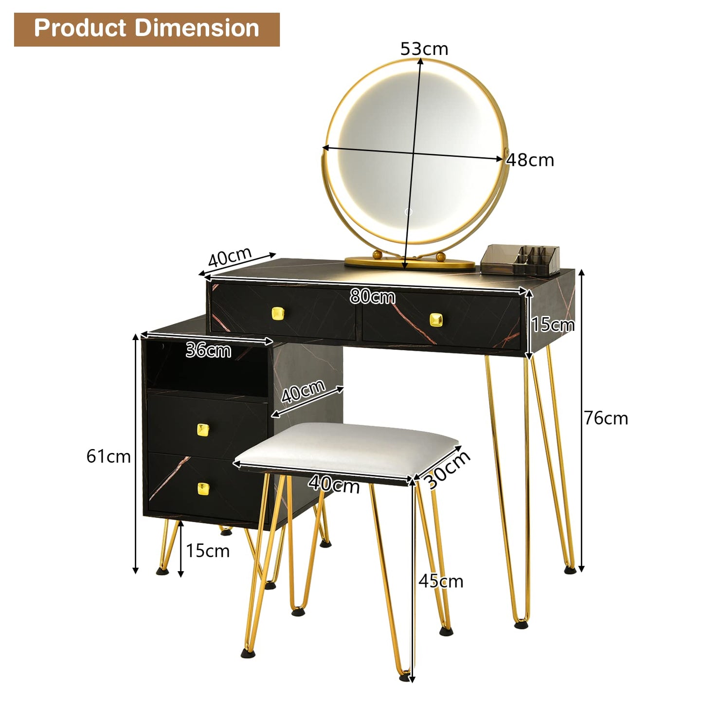 Dressing Table Set, Modern Vanity Makeup Table Stool Set with 3 Color Detachable LED Mirror (Black with Side Cabinet)