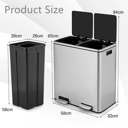 GiantexUK 60L Double Rubbish Bin, 2x30L Stainless Steel Recycling Kitchen Pedal Bin with Removable Buckets & Soft Close Lids