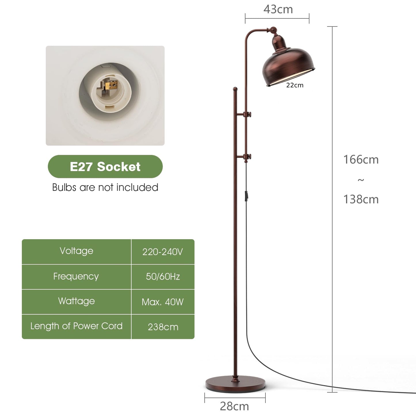 GiantexUK Industrial Floor Lamp, Rustic Standing Corner Lamp with Adjustable Heights