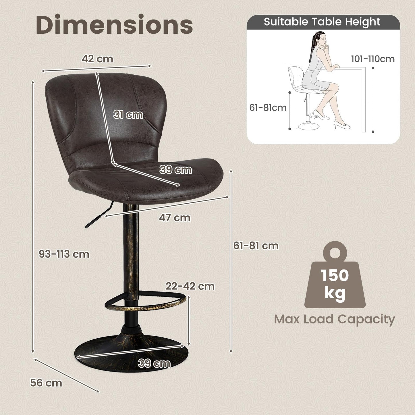 Bar Stools Set of 2, Adjustable Height 360° Rotatable Counter Dining Chair (Dark Brown, 56 x 47 x 113cm)