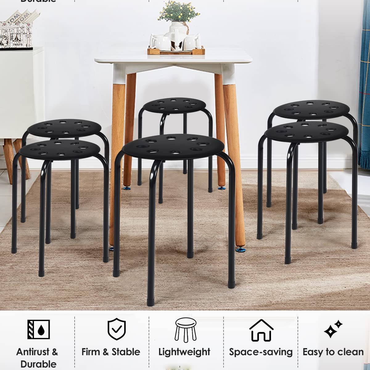 GiantexUK 6PCS Stacking Stools, Set of 6 Plastic Round Bar Stools with Metal Frame & Anti-Slip Foot Mats