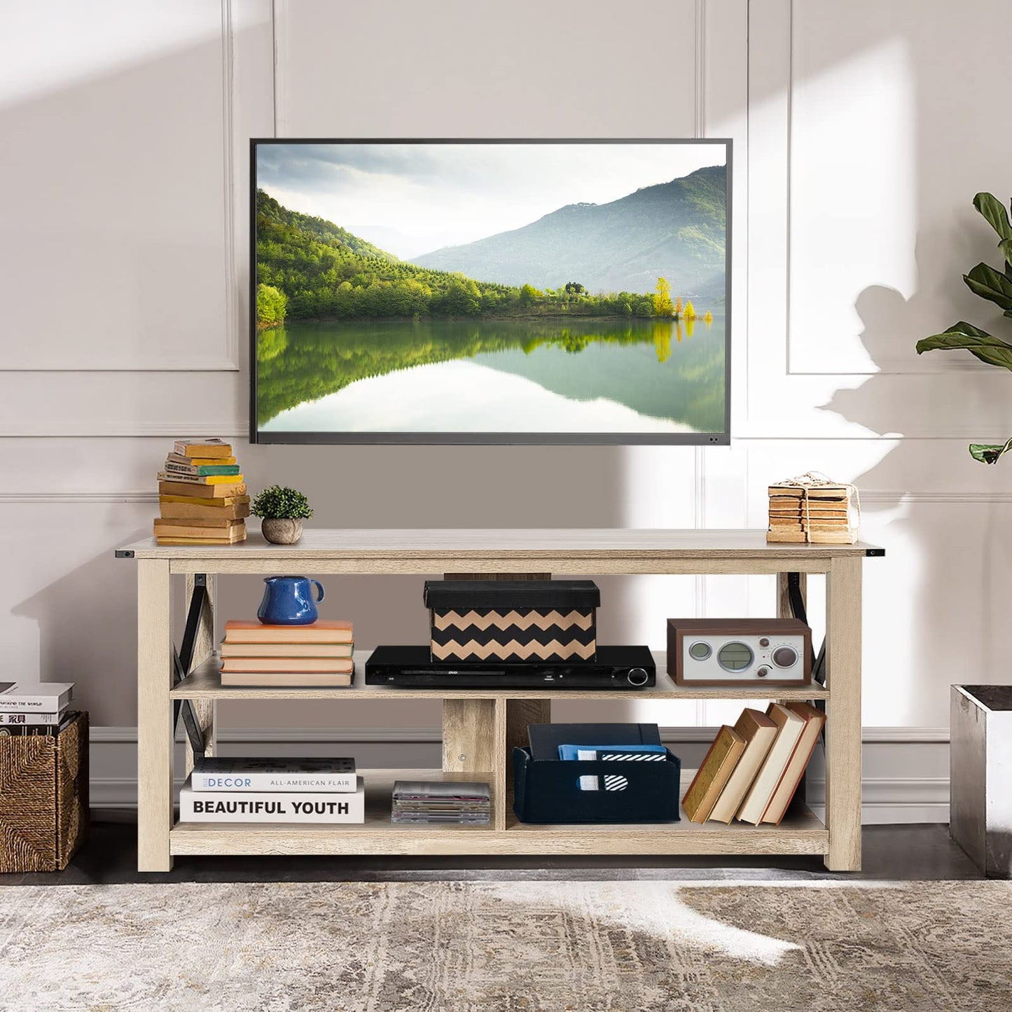 TV Stand for TVs up to 55", Industrial Wooden TV Cabinet Media Entertainment Center with Storage Shelves (Grey Wash)