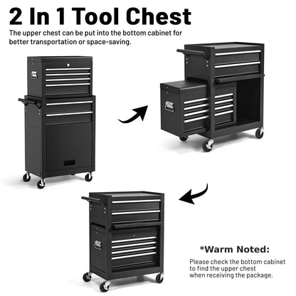 GiantexUK 2-in-1 Tool Chest on Wheels, Rolling Lockable Metal Tool Cabinet Storage Box with Detachable Top Cabinet