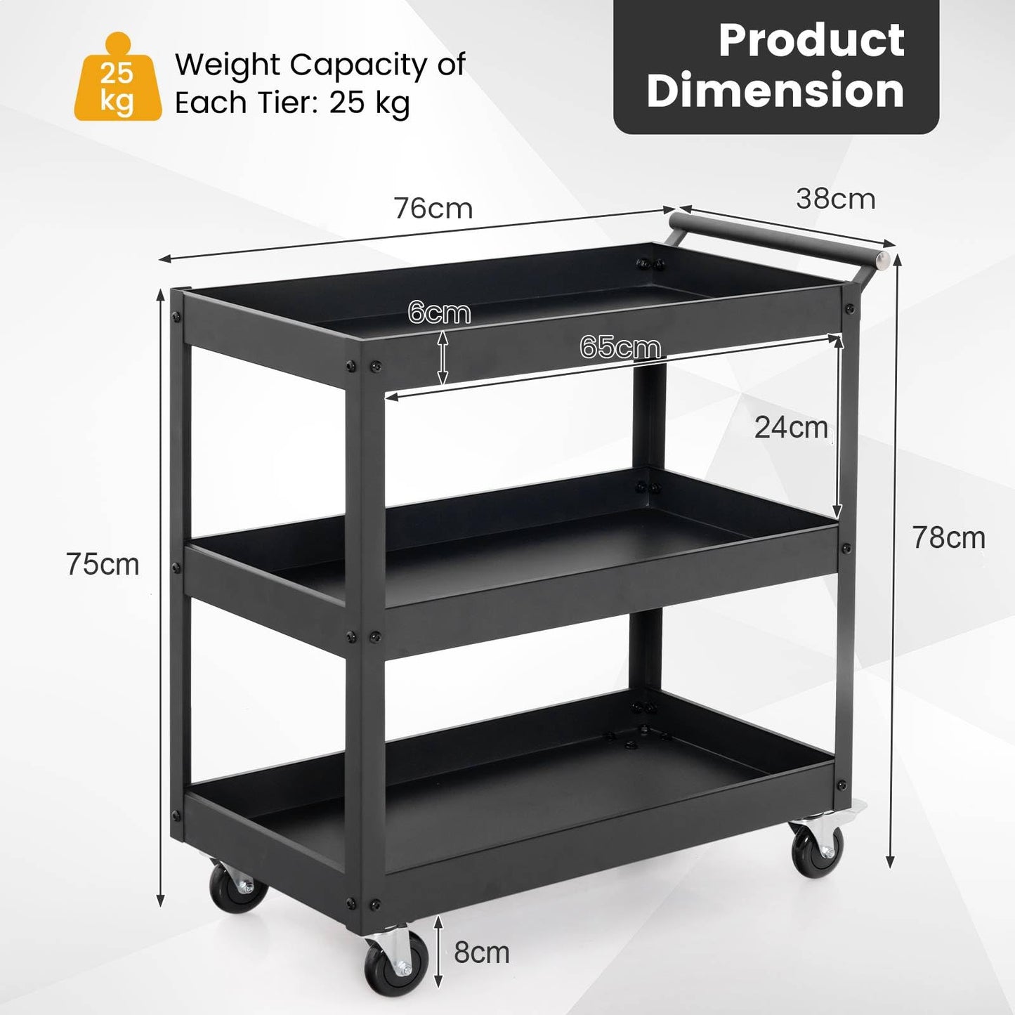 GiantexUK 3-Tier Tool Trolley, Rolling Storage Cart with Universal Casters & Handle