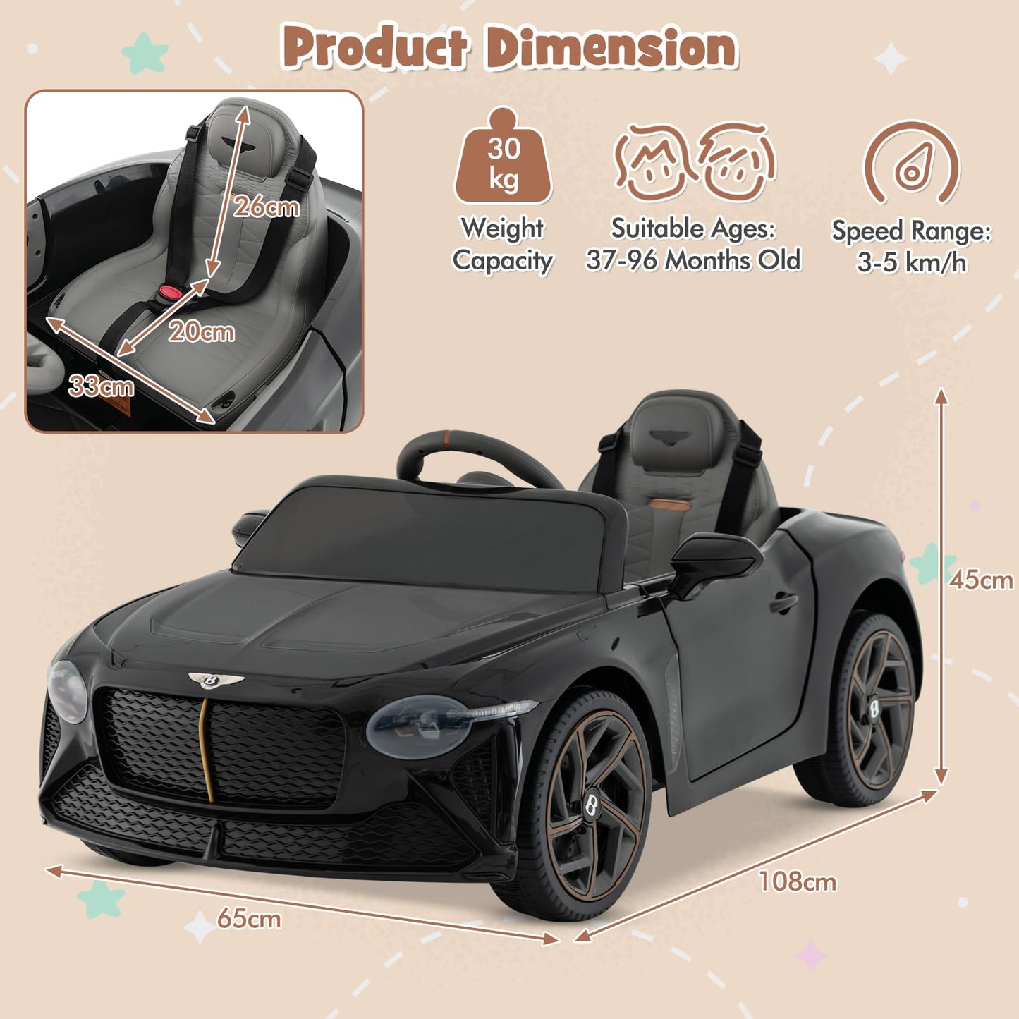 12V Kids Ride on Car, Licensed Bentley Electric Vehicle Toy with Remote Control, Lights, Sounds