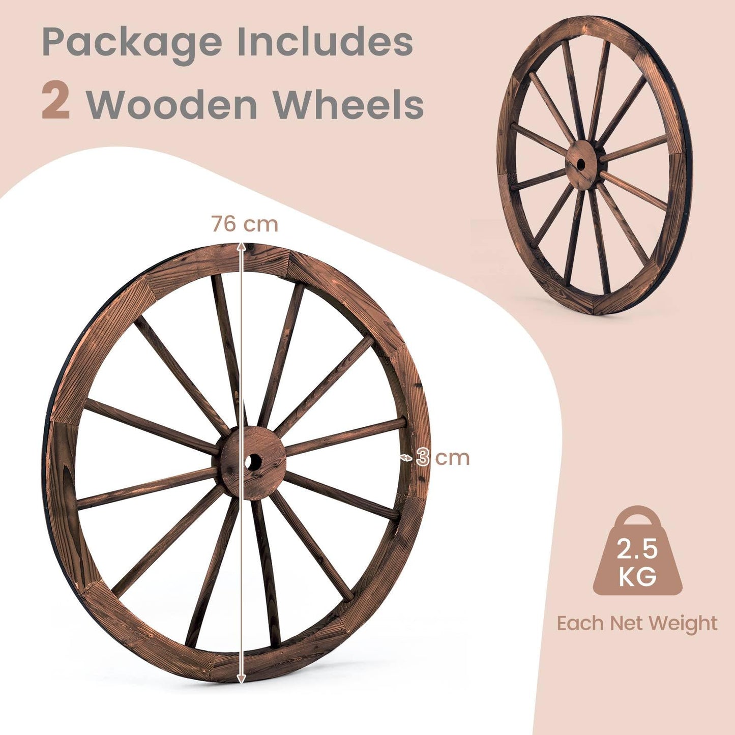 GiantexUK 2 PCS 76CM Wagon Wheels, Decorative Wooden Wheel with Metal Rim