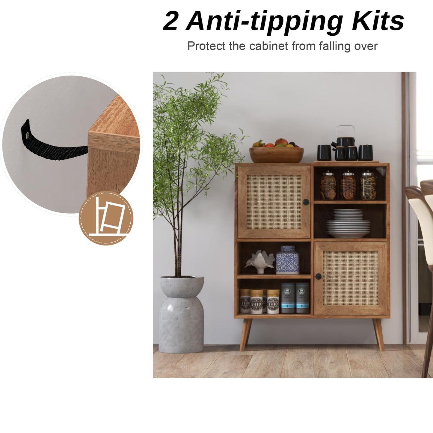 GiantexUK Rattan Storage Sideboard, Wooden Buffet Storage Cabinet with 2 Doors, 4 Open Cubbies & Anti-toppling Device