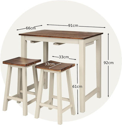 GiantexUK 3-Piece Bar Table Set, Space-Saving Dining Room Table and Chairs with Footrest (without Wine Holders, Curved Seat)