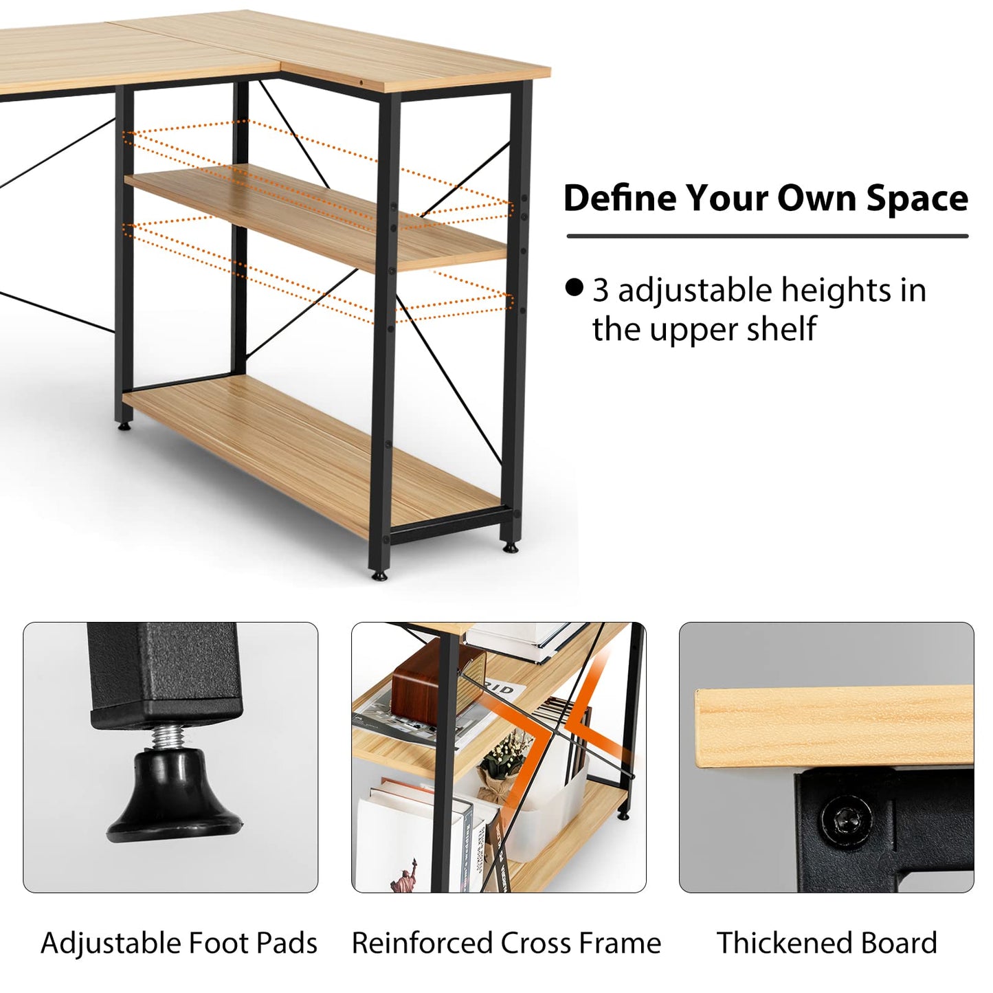 Corner Computer Desk, L-Shaped Writing Study Table with Reversible and Adjustable Bookshelf