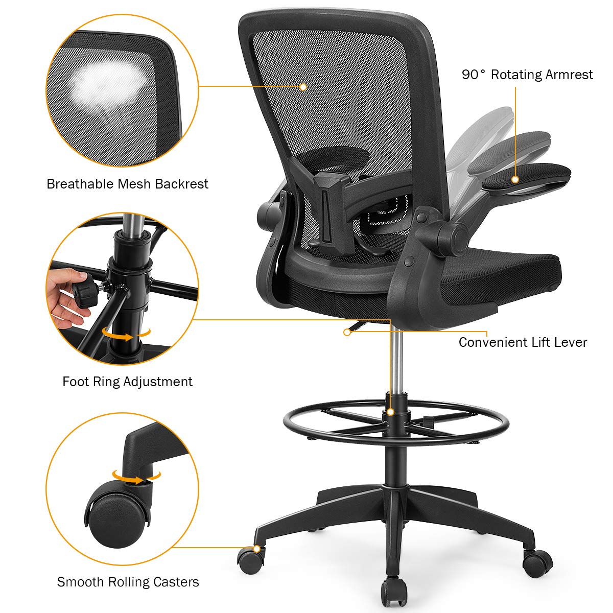 Mesh Drafting Chair, Height Adjustable Swivel Office Chair with Flip-up Armrests, Footrest and Lumbar Support