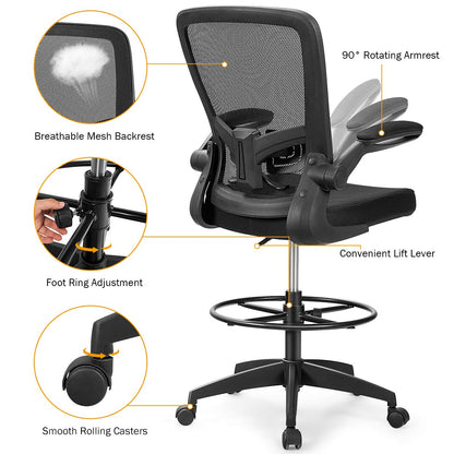 Mesh Drafting Chair, Height Adjustable Swivel Office Chair with Flip-up Armrests, Footrest and Lumbar Support