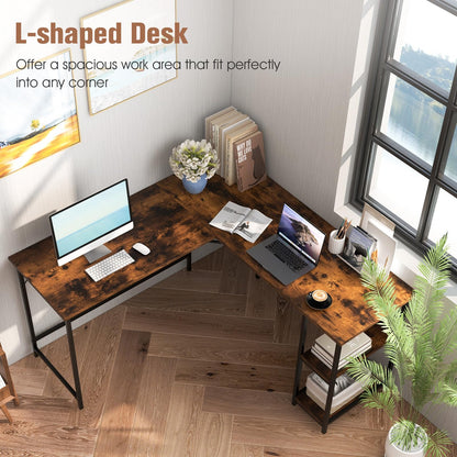 L-shaped Computer Desk, Steel Frame Office Desk Corner Writing Desk with Storage Shelves