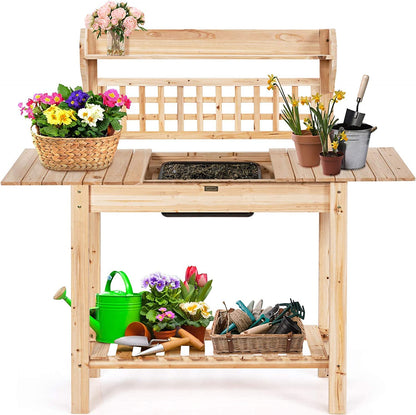 GiantexUK Wooden Potting Table, Garden Planting Bench with Open Shelves and Extendable Tabletop