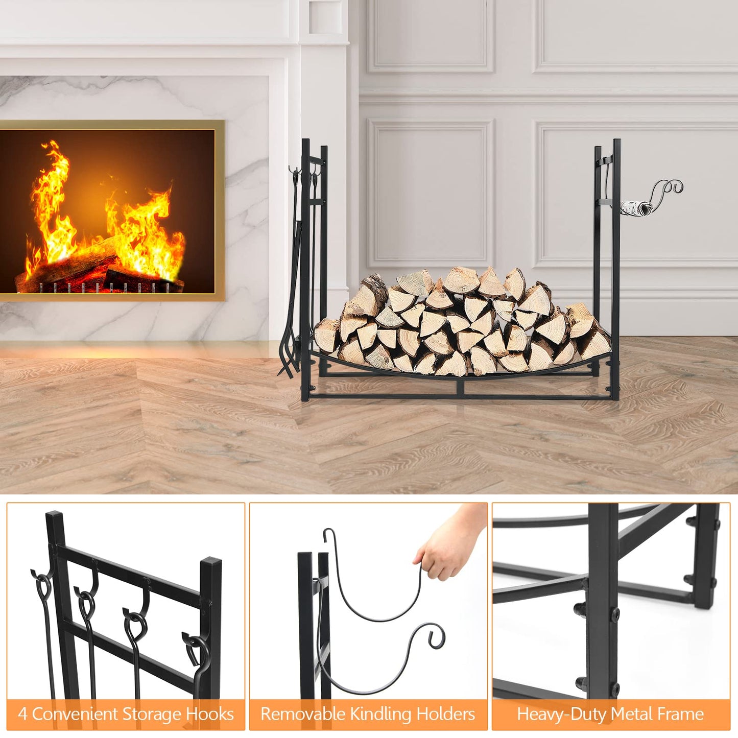 GiantexUK Heavy Duty Firewood Rack, Black Metal Frame Log Baskets with Fireplace Tool Set, Indoor Outdoor Wood Storage Holder(90 x 33 x 77cm)