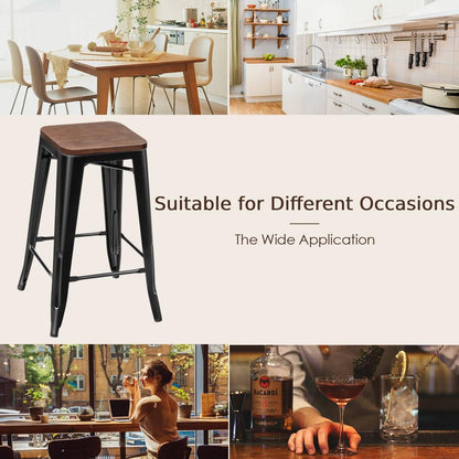 GiantexUK Bar Stools Set of 4, 64 CM Stackable Metal Frame Kitchen Chairs with Elm Wood Seat